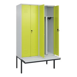 C+P PSA Doppel-Spind Classic PLUS, 4 Abteile, HxBxT 2.120 x 1.200 x 815 mm, für Vorhängeschloss, auskragende Bank aus Kunststoff, lichtgrau, clowngrün