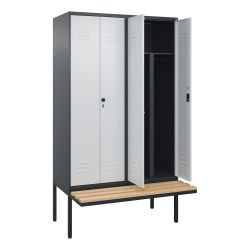 C+P PSA Doppel-Spind Classic PLUS, 4 Abteile, HxBxT 2.120 x 1.200 x 815 mm, Zylinderschloss, auskragende Bank aus Buche, anthrazitgrau, lichtgrau