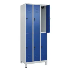 C+P Doppelstock-Spind Classic PLUS, Füsse, 3 Abteile, HxBxT 1.950 x 750 x 500 mm, lichtgrau, enzianblau, 6 Fächer, für Vorhängeschloss