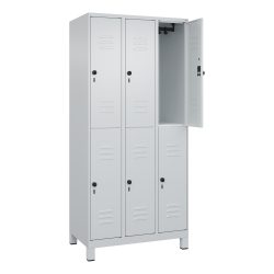 C+P Doppelstock-Spind Classic PLUS, Füsse, 3 Abteile, HxBxT 1.950 x 900 x 500 mm, lichtgrau, lichtgrau, 6 Fächer, für Vorhängeschloss