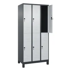 C+P Doppelstock-Spind Classic PLUS, Füsse, 3 Abteile, HxBxT 1.950 x 900 x 500 mm, anthrazitgrau, lichtgrau, 6 Fächer, für Vorhängeschloss