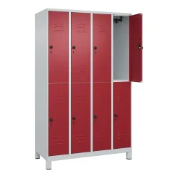 C+P Doppelstock-Spind Classic PLUS, Füsse, 4 Abteile, HxBxT 1.950 x 1.200 x 500 mm, lichtgrau, rubinrot, 8 Fächer, für Vorhängeschloss
