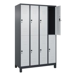 C+P Doppelstock-Spind Classic PLUS, Füsse, 4 Abteile, HxBxT 1.950 x 1.200 x 500 mm, anthrazitgrau, lichtgrau, 8 Fächer, für Vorhängeschloss