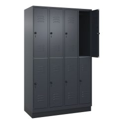 Doppelstock-Spind Classic PLUS, 4 Abteile, grau, HxB 1950 x 1200 mm, mit Bodensockel, Drehriegel C+P