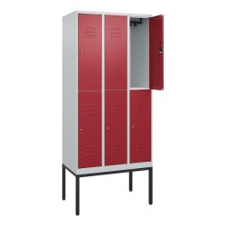 C+P Doppelstock-Spind Classic PLUS, Gestell, 3 Abteile, HxBxT 2.120 x 900 x 500 mm, lichtgrau, rubinrot, Zylinderschloss, 6 Fächer