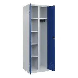 Putzmittelspind Classic PLUS, 1 Abteil, Trennwand mittig, lichtgrau / enzianblau, B 600 mm, mit Bodengleitern, Drehriegel C+P