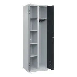 Putzmittelspind Classic PLUS, 1 Abteil, Trennwand mittig, lichtgrau / grau, B 600 mm, mit Bodengleitern, Drehriegel C+P