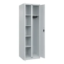 Putzmittelspind Classic PLUS, 1 Abteil, Trennwand mittig, lichtgrau, B 600 mm, mit Bodengleitern, Zylinderschloss C+P