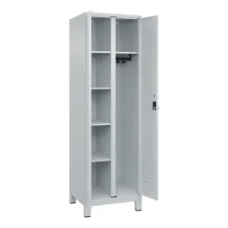 Putzmittelspind Classic PLUS, 1 Abteil, Trennwand mittig, lichtgrau, B 600 mm, mit Füßen, Drehriegel C+P