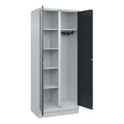 Putzmittelspind Classic PLUS, 1 Abteil, Trennwand mittig, lichtgrau / grau, B 800 mm, mit Bodensockel, Drehriegel C+P