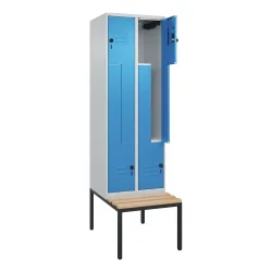 Z-Spind Classic PLUS Sitzbank, 2 Abteile, lichtgrau / lichtblau, B 600 mm, Sicherheits-Drehriegel, untergebaut, Buche-Hartholz C+P