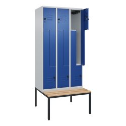 Z-Spind Classic PLUS Sitzbank, 3 Abteile, lichtgrau / enzianblau, B 900 mm, Sicherheits-Drehriegel, untergebaut, Buche-Hartholz C+P