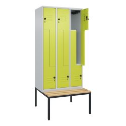 C+P Z-Spind Classic PLUS, 6 Abteile, HxBxT 2.120 x 900 x 815 mm, für Vorhängeschloss, untergebaute Bank aus Buche, lichtgrau, clowngrün