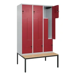 C+P Z-Spind Classic PLUS, 6 Abteile, HxBxT 2.120 x 1.200 x 815 mm, für Vorhängeschloss, untergebaute Bank aus Buche, lichtgrau, rubinrot