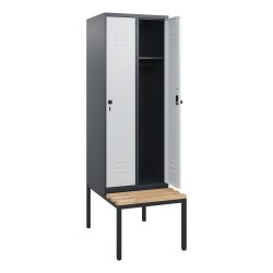 C+P Spind Classic PLUS, 2 Abteile, HxBxT 1.950 x 600 x 815 mm, für Vorhängeschloss, untergebaute Bank aus Buche, anthrazitgrau, lichtgrau