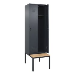 Spind Classic PLUS Sitzbank, 2 Abteile, grau, B 600 mm, Sicherheits-Drehriegel, untergebaut, Buche-Hartholz C+P