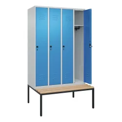 Spind Classic PLUS Sitzbank, 4 Abteile, lichtgrau / lichtblau, B 1200 mm, Sicherheits-Drehriegel, untergebaut, Buche-Hartholz C+P