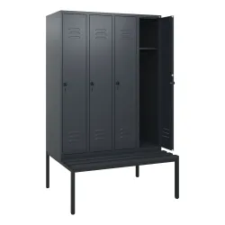 C+P Spind Classic PLUS, 4 Abteile, HxBxT 1.950 x 1.200 x 815 mm, für Vorhängeschloss, untergebaute Bank aus Kunststoff, anthrazitgrau, anthrazitgrau