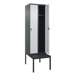 C+P Spind Classic PLUS, 2 Abteile, HxBxT 2.120 x 600 x 815 mm, für Vorhängeschloss, untergebaute Bank aus Kunststoff, anthrazitgrau, lichtgrau