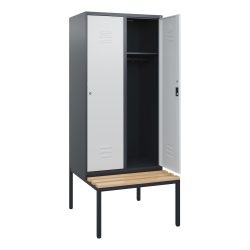 C+P Spind Classic PLUS, 2 Abteile, HxBxT 1.950 x 800 x 815 mm, Zylinderschloss, untergebaute Bank aus Buche, anthrazitgrau, lichtgrau