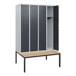 C+P Spind Classic PLUS, 4 Abteile, HxBxT 1.950 x 1.200 x 815 mm, Zylinderschloss, untergebaute Bank aus Buche, lichtgrau, anthrazitgrau