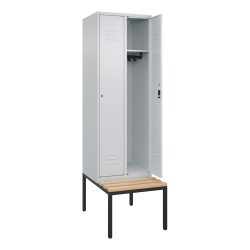 Spind Classic PLUS Sitzbank, 2 Abteile, lichtgrau, B 600 mm, Zylinderschloss, untergebaut, Buche-Hartholz C+P