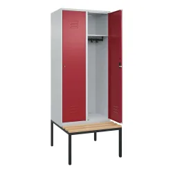 C+P Spind Classic PLUS, 2 Abteile, HxBxT 2.120 x 800 x 815 mm, Zylinderschloss, untergebaute Bank aus Buche, lichtgrau, rubinrot