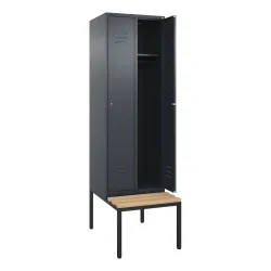 Spind Classic PLUS Sitzbank, 2 Abteile, grau, B 600 mm, Zylinderschloss, untergebaut, Buche-Hartholz C+P