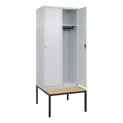 Spind Classic PLUS Sitzbank, 2 Abteile, lichtgrau, B 800 mm, Zylinderschloss, untergebaut, Buche-Hartholz C+P