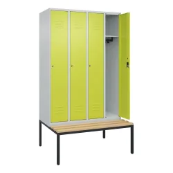 C+P Spind Classic PLUS, 4 Abteile, HxBxT 2.120 x 1.200 x 815 mm, Zylinderschloss, untergebaute Bank aus Buche, lichtgrau, clowngrün