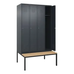 Spind Classic PLUS Sitzbank, 4 Abteile, grau, B 1200 mm, Zylinderschloss, untergebaut, Buche-Hartholz C+P