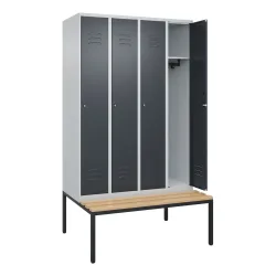 Spind Classic PLUS Sitzbank, 4 Abteile, lichtgrau / grau, B 1200 mm, Zylinderschloss, untergebaut, Buche-Hartholz C+P