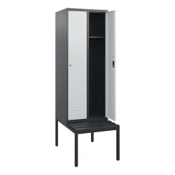 C+P Spind Classic PLUS, 2 Abteile, HxBxT 1.950 x 600 x 815 mm, Zylinderschloss, untergebaute Bank aus Kunststoff, anthrazitgrau, lichtgrau