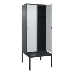 C+P Spind Classic PLUS, 2 Abteile, HxBxT 2.120 x 800 x 815 mm, Zylinderschloss, untergebaute Bank aus Kunststoff, anthrazitgrau, lichtgrau