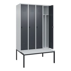 C+P Spind Classic PLUS, 4 Abteile, Trennwand, HxBxT 2.120 x 1.200 x 815 mm, für Vorhängeschloss, Trennwand, untergebaute Bank aus Kunststoff, lichtgrau, anthrazitgrau