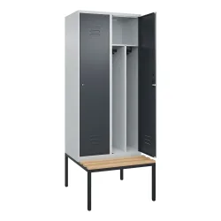 C+P Schwarz-Weiß-Spind Classic PLUS Sitzbank, schmal, 2 Abteile, verkürzte Trennwand mittig, lichtgrau / grau, B 800 mm, Zylinderschloss, untergebaut,