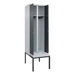 C+P Schwarz-Weiss-Spind Classic PLUS, 2 Abteile, HxBxT 2.120 x 600 x 815 mm, Zylinderschloss, untergebaute Bank aus Kunststoff, lichtgrau, anthrazitgrau