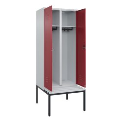 C+P Schwarz-Weiss-Spind Classic PLUS, 2 Abteile, HxBxT 2.120 x 800 x 815 mm, Zylinderschloss, untergebaute Bank aus Kunststoff, lichtgrau, rubinrot