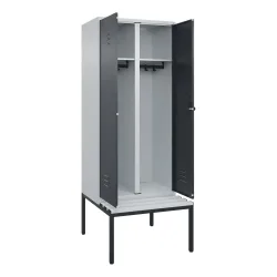 C+P Schwarz-Weiss-Spind Classic PLUS, 2 Abteile, HxBxT 2.120 x 800 x 815 mm, für Vorhängeschloss, untergebaute Bank aus Kunststoff, lichtgrau, anthrazitgrau
