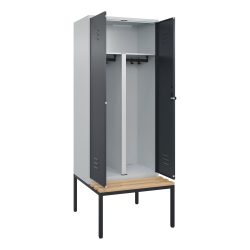 C+P PSA Doppel-Spind Classic PLUS, 2 Abteile, HxBxT 2.120 x 800 x 815 mm, für Vorhängeschloss, untergebaute Bank aus Buche, lichtgrau, anthrazitgrau