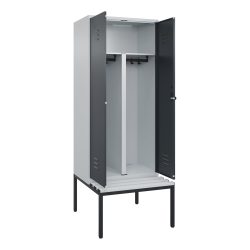 C+P PSA Doppel-Spind Classic PLUS, 2 Abteile, HxBxT 2.120 x 800 x 815 mm, für Vorhängeschloss, untergebaute Bank aus Kunststoff, lichtgrau, anthrazitgrau