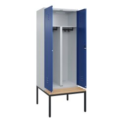 C+P PSA Doppel-Spind Classic PLUS, 2 Abteile, HxBxT 2.120 x 800 x 815 mm, Zylinderschloss, untergebaute Bank aus Buche, lichtgrau, enzianblau