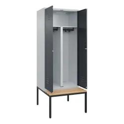 C+P PSA Doppel-Spind Classic PLUS, 2 Abteile, HxBxT 2.120 x 800 x 815 mm, Zylinderschloss, untergebaute Bank aus Buche, lichtgrau, anthrazitgrau