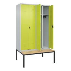 C+P Schwarz-Weiss-Spind Classic PLUS, 4 Abteile, HxBxT 2.120 x 1.200 x 815 mm, für Vorhängeschloss, untergebaute Bank aus Buche, lichtgrau, clowngrün