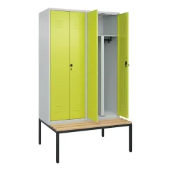 C+P PSA Doppel-Spind Classic PLUS, 4 Abteile, HxBxT 2.120 x 1.200 x 815 mm, für Vorhängeschloss, untergebaute Bank aus Buche, lichtgrau, clowngrün