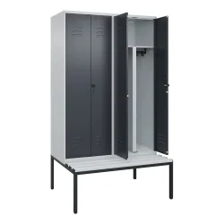 C+P PSA Doppel-Spind Classic PLUS, 4 Abteile, HxBxT 2.120 x 1.200 x 815 mm, für Vorhängeschloss, untergebaute Bank aus Kunststoff, lichtgrau, anthrazitgrau