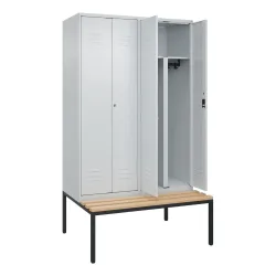 C+P PSA Doppel-Spind Classic PLUS, 4 Abteile, HxBxT 2.120 x 1.200 x 815 mm, Zylinderschloss, untergebaute Bank aus Buche, lichtgrau, lichtgrau