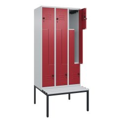 C+P Z-Spind Classic PLUS, 6 Abteile, HxBxT 2.120 x 900 x 815 mm, für Vorhängeschloss, untergebaute Bank aus Kunststoff, lichtgrau, rubinrot
