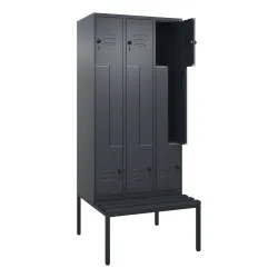 C+P Z-Spind Classic PLUS, 6 Abteile, HxBxT 2.120 x 900 x 815 mm, für Vorhängeschloss, untergebaute Bank aus Kunststoff, anthrazitgrau, anthrazitgrau