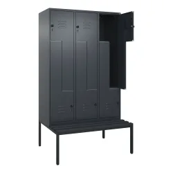 C+P Z-Spind Classic PLUS, 6 Abteile, HxBxT 2.120 x 1.200 x 815 mm, für Vorhängeschloss, untergebaute Bank aus Kunststoff, anthrazitgrau, anthrazitgrau